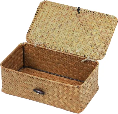 Wicker Seagrass Lid Storage Basket Organizer