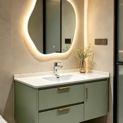 Luxury Wall Hung Bathroom Cabinet Sintered Stone Basin Integrated Modern Green Lacquer Vanity Unit for Villa Project