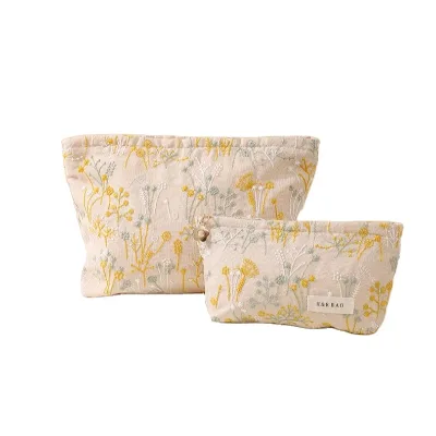 New Open Natural Ramie-cotton Plant-embroidered Makeup Bag Handheld Portable Canvas Organizerperfect for Lipsticks Skincare