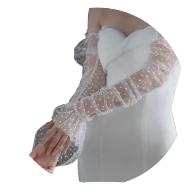 ROMANTIC Sample Dot Tulle Made Spandex/Polyester Full-Long Fingerless Bridal Wedding Gloves Lace
