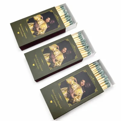 Wholesale Personalized Custom Wedding Photo Long Match Box Gold Foil Initials Date Teal Tip Long Wooden Safety Matches
