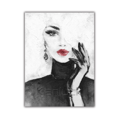 Elegant Woman With Bold Red Lips and Dramatic Accessories Canvas Print Painting Wall Art for Decoration