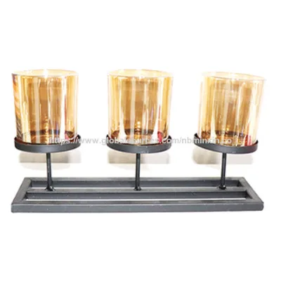 Metal candle holders with 3 votive glass cup centerpieces for table decorations