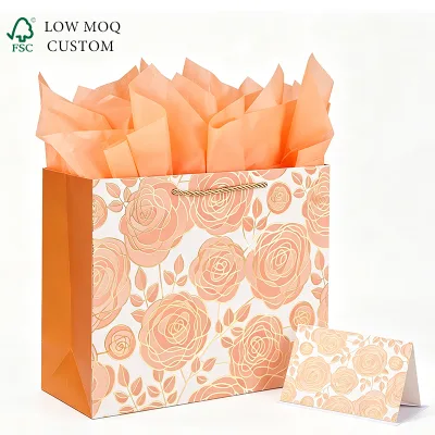 Wholesale Luxury Gold Stamping Rose Gift Paper Bags, Multi-use Floral Gift Bags With Free Matching Note Card