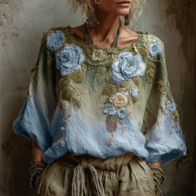 A New Cross-border Best-selling Printed Round-neck Long-sleeved Retro Bohemian Top
