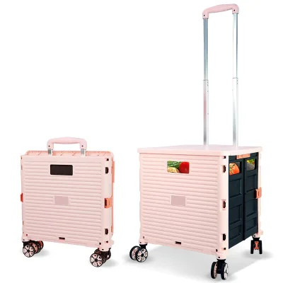 BAOYU OEM PDM PINK 4 Wheels Supermarket Folding Hand Push Easy Box Shopping Cart Trolley