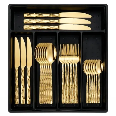 Factory Wholesale 24 Pcs Gold Stainless Steel Cutlery Includes Knife Fork Spoon Flatware for Party Silverware Service 6
