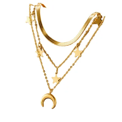 Hot Selling Multi-Layer Crescent Moon Necklace 18K Gold Plated Stainless Steel Layered Chain Pendant Jewelry for Women 2026