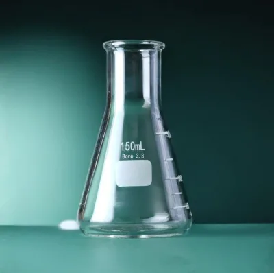 Wide-mouthed conical flasks with graduated scales, glass beakers, high borosilicate chemical laboratory equipment