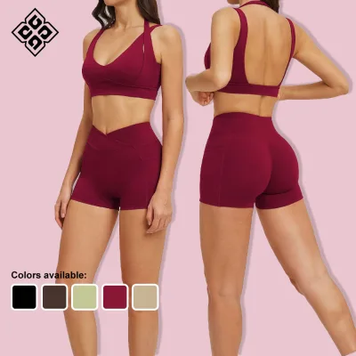 New Release Gym Wear Set Quick Dry Sports Bra and V Cut Shorts with Pockets 2PCS Yoga Sets