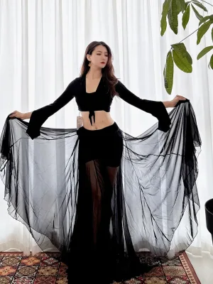 Women Dance Flare Sleeve Crop Tulle Maxi Swing Skirt,Belly Dance Latin Ballet Modern Dance Training Performance Costume Set