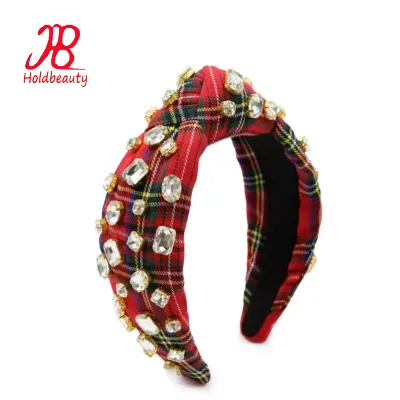 Christmas Headbands Women Red Tartan Pearl Headband Girls Holiday Headbands, Padded Knot Headbands for Festive Holiday Season
