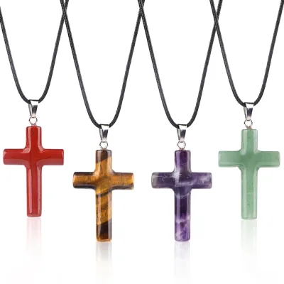 Natural Stone Cross Necklace Red Jasper Amethyst Green Aventurine Pendant Religious Christian Jewelry Gift for Her