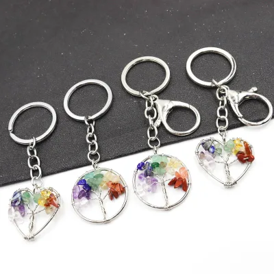 Natural Healing 7 Chakra Stone Gemstone Tree of Life Keychain Key Ring Key Holder Charm for Women