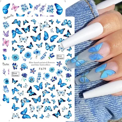 HOT Blue Butterfly Rose Flower 3D Nail Stickers Flowers Leaves Nail Art Sticker for DIY Nail Decorations