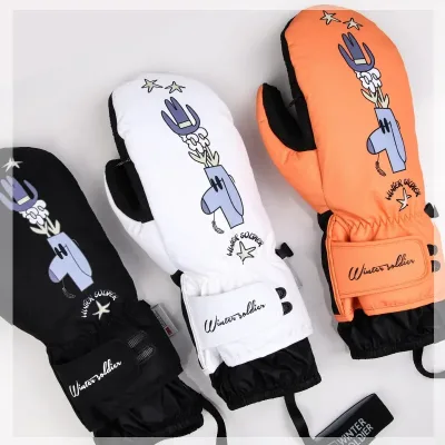 New Women Print Warm Skiing Glove Windproof Waterproof Outdoor Warm Snow Ski Gloves Polyester Plush Adult Men Ski Gloves