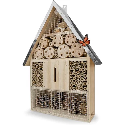Natural Wood Bee Hotel with Metal Roof for Wild Bees Ladybirds Lacewings & Butterflies Garden Decoration Hanging Nesting Aid