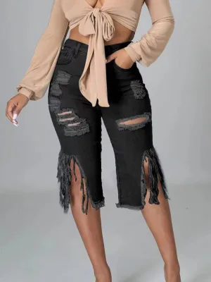 Sexy Fashion High Street Trousers Women Jeans Hole Ripped Tassel Low Waist Elastic Flare Knee Length Denim Pants