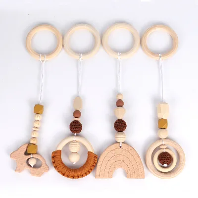 Rainbow Baby Teethers 4-Piece Music Toy Set Geometric Shape Handmade Wooden Rattle Teether Stroller Accessories Hanging