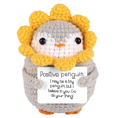 Positive Penguin Crochet Sunflower Penguin Hug Animals Knitted Potato Positive Dolls with Positive Card for Birthday Christmas