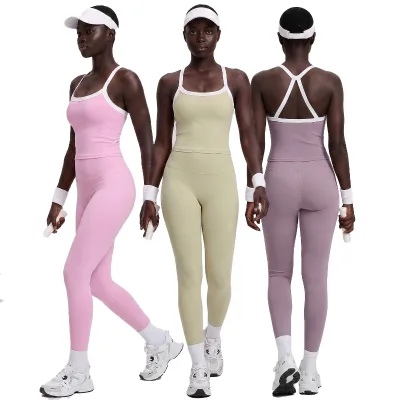 Women's Brushed Micro-Stretch Tank Top Yoga Set Cross-Front Waistband Athletic Leggings Fitness Set Quick Dry Breathable Skinny