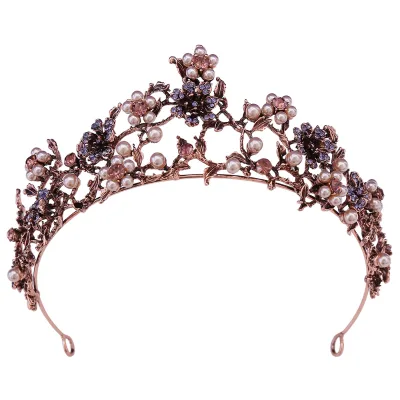 Wholesale Price Unique DesignFlower Black Diamonds, Pearls, Baroque Bridal Crown Party Tiara for Girl