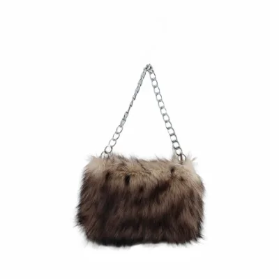 Winter Women Fluffy Faux Fur Shoulder Bag Thick Metal Chain Crossbody Hobo Bag Multi-color Patchwork Ladies Handbag Daily Casual