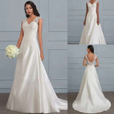 Women Solid White Strap V Neck Lace Spliced Backless Bridesmaid Banquet Wedding Evening Dress