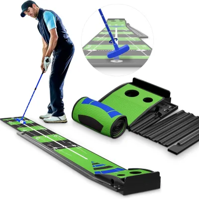 Golf Putting Mat Wooden Indoor Putting Green with Ball Return Velvet 2 Holes-Indoor Training Practice at Home Office