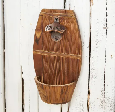 Vintage Wooden Wall Mounted Beer Barrel Keg Bottle Opener Bottle Opener with Cap Collector Catcher