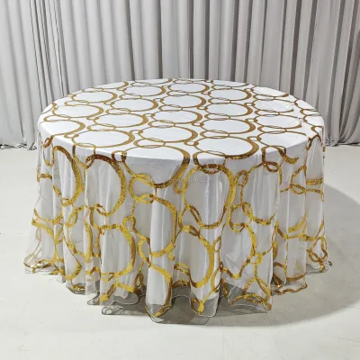ANNIELU Circle Gold Floral Embroidery 100% Polyester Re-usable Customizable Table Cover Topper for Wedding Party Banquet
