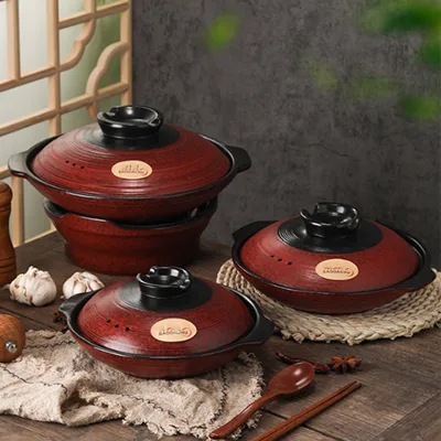 Red Swirl Shallow Ceramic Casserole Pot Double-Handle With Lid for Household Restaurant Use