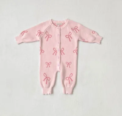 Premium Cotton Baby Girl Knitted One-Piece Sweet Bow Pattern Romper Long Sleeve Jumpsuit Customizable Available