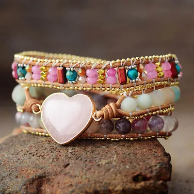 Premium New Arrival Bohemian Friendship Bracelet Rose Quartz Heart-Shaped 3-Loop Coil Geometric Leather-Wrapped Natural Parties