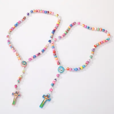 Colorful Round Beads Cartoon Cross Rosary Necklace Children's Catholic 8mm Round Beads Cartoon Baby Cross Rosary Necklace