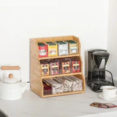 Stackable Bamboo Food-Safe Tea Bag & Coffee Storage Rack for Kitchen Cabinets Countertops & Home Offices