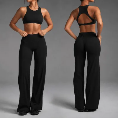 Women Solid Breathable Activewear 2 Piece Set High Neck Bra Seamless Front Full Length Wide Leg Pants Smooth Waistband