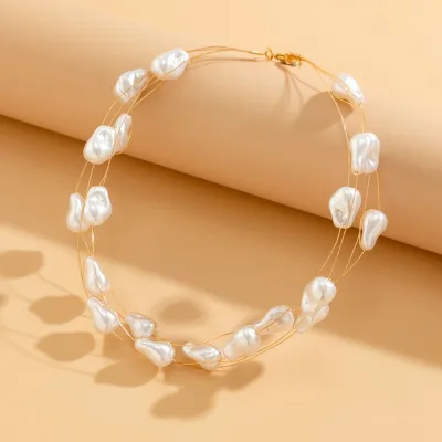 Elegant Copper Wire Wrap Multi-Layer Irregular Baroque Pearl Choker Necklace