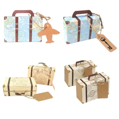 Mini Vintage Suitcase Cardboard Gift Boxes with Kraft Tags-Travel Themed Candy Packaging for Wedding Favors & Party Supplies