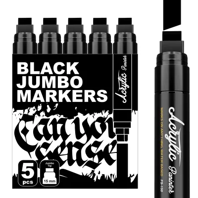 5 Pack Black Jumbo Acrylic Paint Markers with Flat Brush Tip Permanent Ink for Wood Canvas Stone Made of Plastic