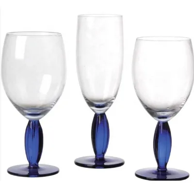 Stylish Hand Blown Blue Stem Transparent Glass Wine Goblet for Bar Restaurant Drinking