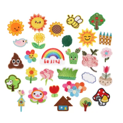 Hot Sale Cute Flower Mushroom Fence House Lawn Tree rainbow Sun Design Decorative Iron-On Embroidered Cartoon Patches for Bags