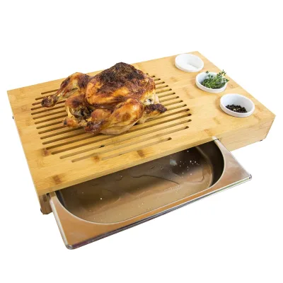Bamboo Wooden Cutting Board with Drip Tray Dip Pots Serving Meat Chopping Drip Tray Board Valentines Day Gifting Idea
