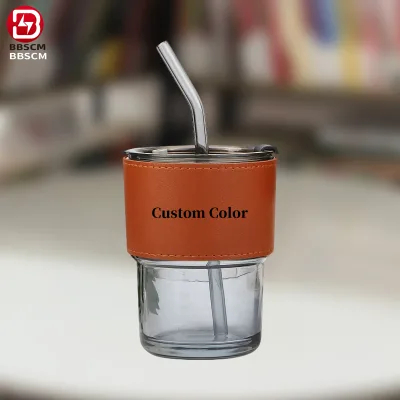 400ml Bamboo-styled Viral Coffee And Milk Gift Cup With Leather Sleeve Heat Insulation And Glass Straw-for Restaurants Hotels