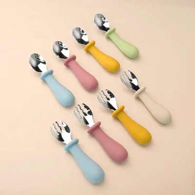 Eco-Friendly Cute Short Stainless Steel Spoon and Fork Set Newborn Baby Feeding Silicone Spoon for Kids