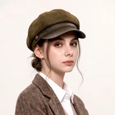 2026 Autumn Winter New Retro Octagonal Hat with Pu Bill Vintage British Solid Color Suede Beret Newsboy Cap for Women