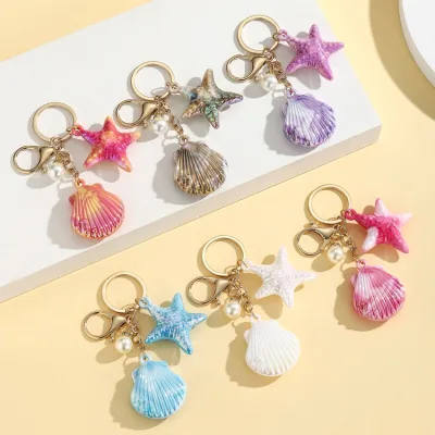 Summer Beach Ocean Themed Keychain Gradient Shiny Starfish Seashell with Imitation Pearl Charms Fashion Handbag Pendant Gift