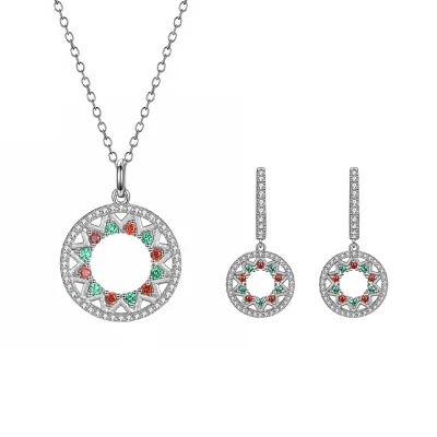 Dainty High-Grade 925 Sterling Silver Jewelry Set Handmade Christmas Colors Hollow Circle Earrings Necklace for Rhodium Weddings