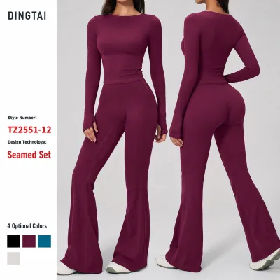 Padded Thumbhole Long Sleeve Yoga Set for Women High Waist Flare Leggings Butt Lifting Brushed Quick Dry Running GCC Certified