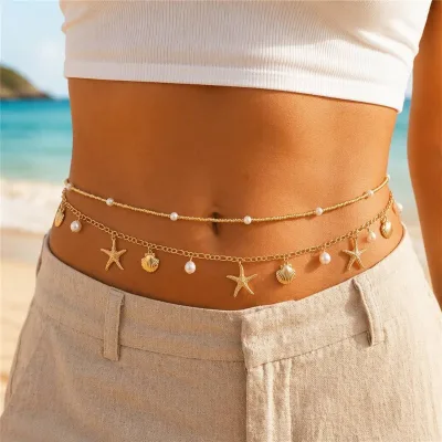 JUSNOVA Bijoux Acier Inoxydable Plaqu or Pearl Belly Chain Waterproof Non Tarnish 18k Gold Plated Body Fashion Jewelry Women